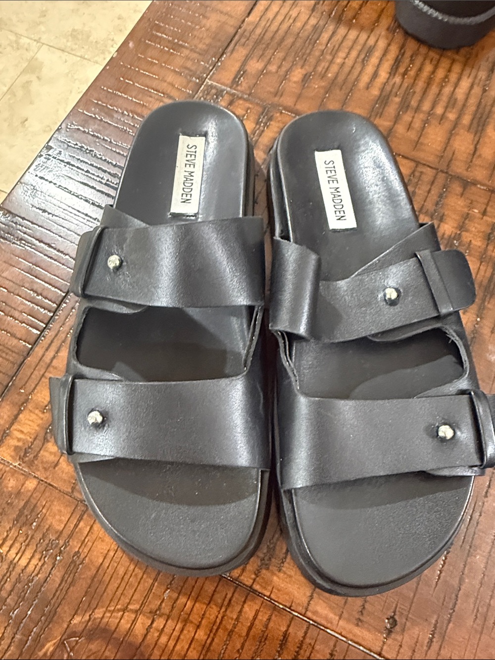 Steve Madden Black Double-Strap Slide Sandals with Stud Detail